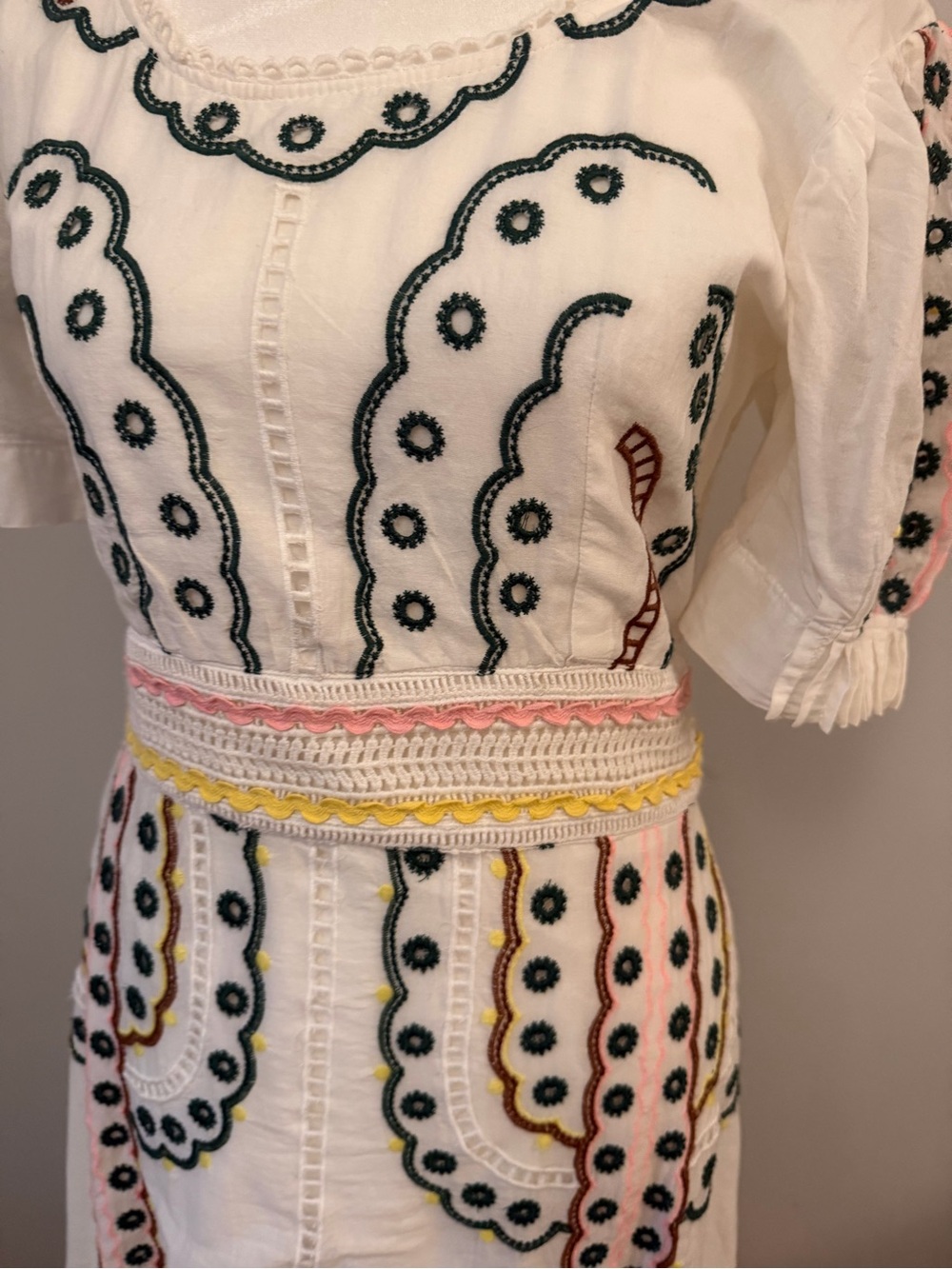 Boheme White Maxi Dress. Eyelet Embroidery and Blush/Yellow Trim - Picture 6 of 16